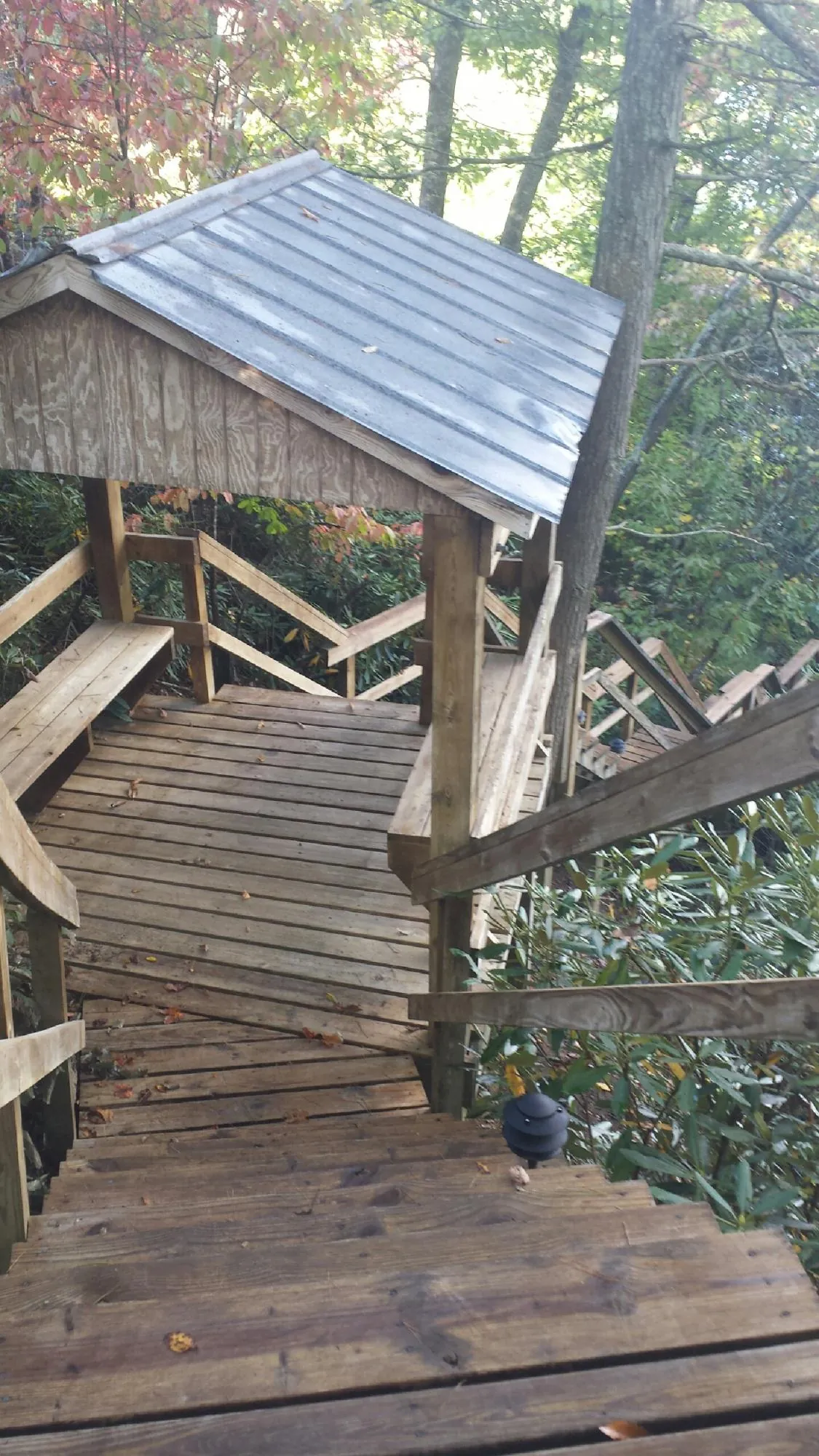 Metal roofed shelter over wooden steps on a wooded walkway — Skylight Repair & Installation work by our crew in Cohoes